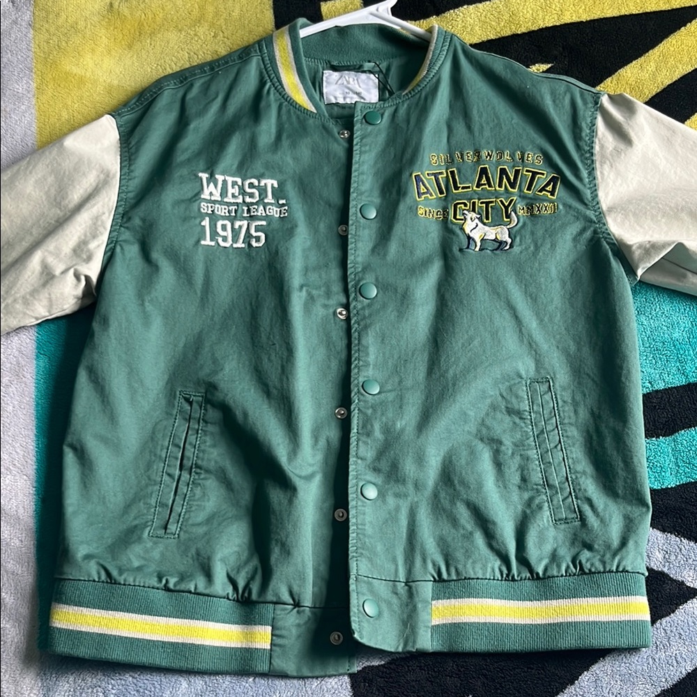 Zara Green and White Jean Jacket with Ribbed Accents